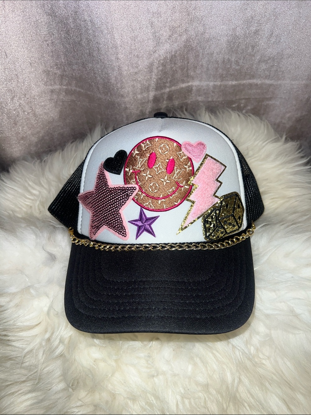OTTO Women’s Black, White, Pink & Gold Patchwork Trucker Hat with Chain